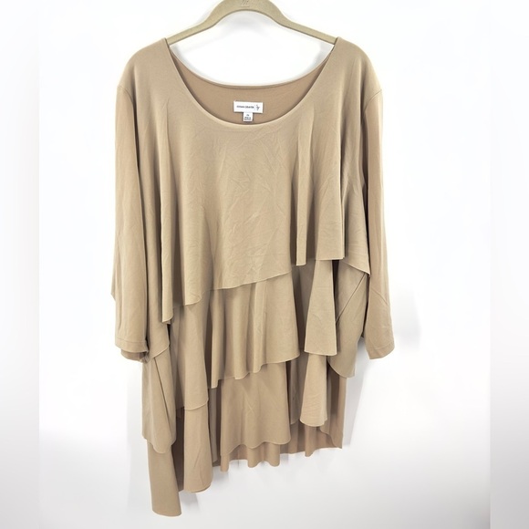 Susan Graver Womens Tiered Tunic Top Size 2X Tan Beige Liquid Knit Stretch Shirt - Picture 1 of 8